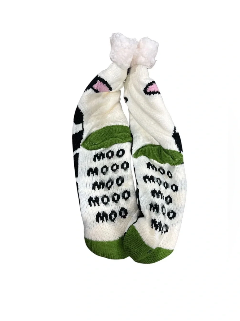 Kids Cow Print Fuzzy Cuff Socks in White, Black & Pink